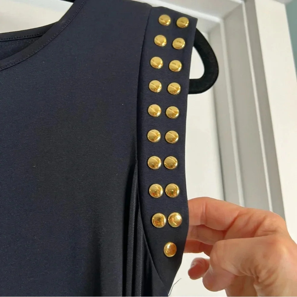 Michael Kors Navy Body Con Midi Dress w/Gold Studding. Size‎ Small. - Picture 7 of 11
